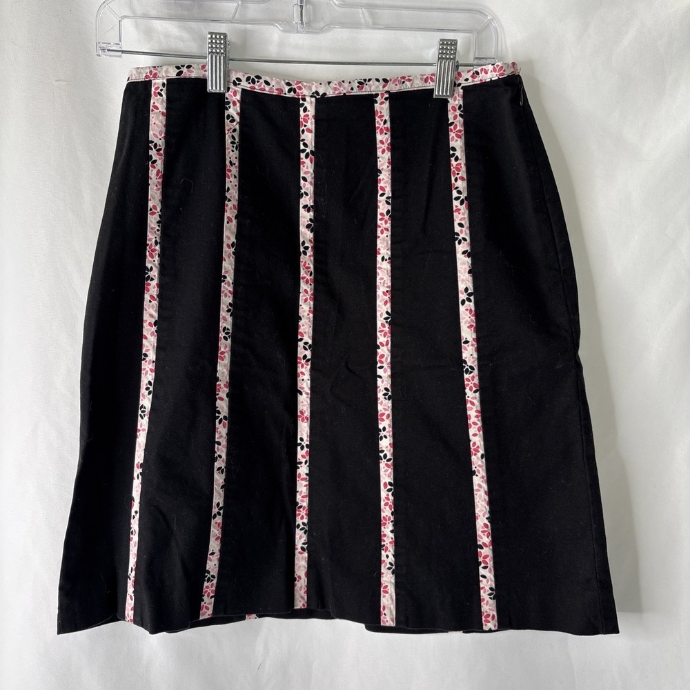 Vtg Talbots 8P Black Stretch Skirt Pink Floral Trim A-Line Mini USA